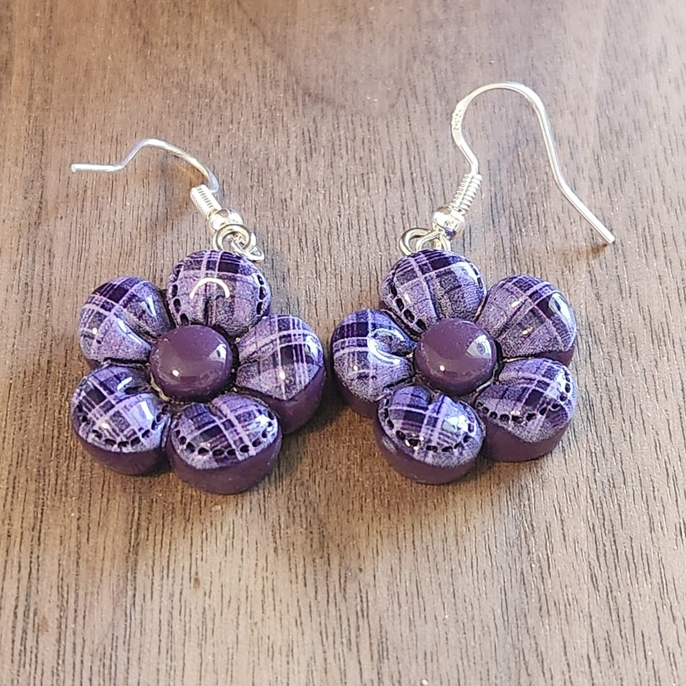 Handmade Purple Plaid Flower Drop Earrings Silver Tone Fishhook Floral Dangles